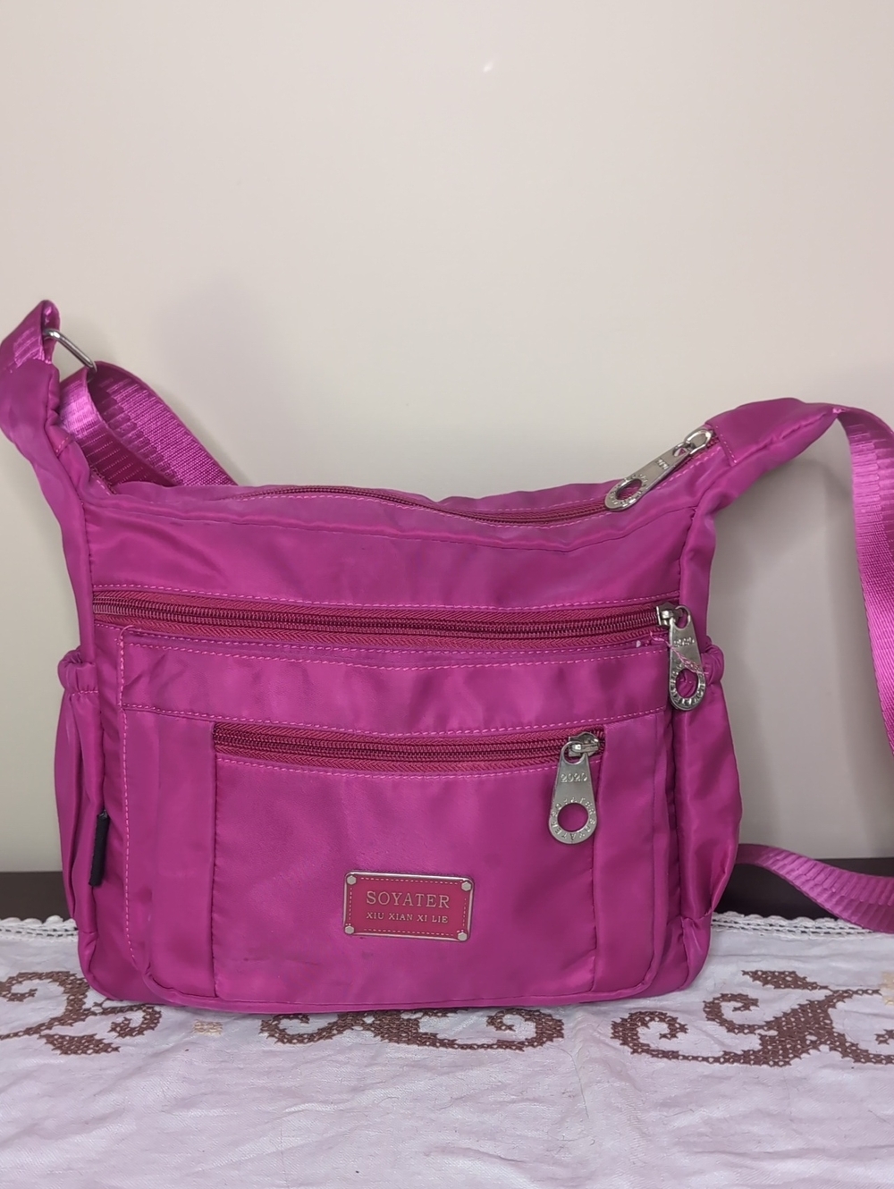 Soyater Fuchsia Crossbody Shoulder Bag with Many Pockets